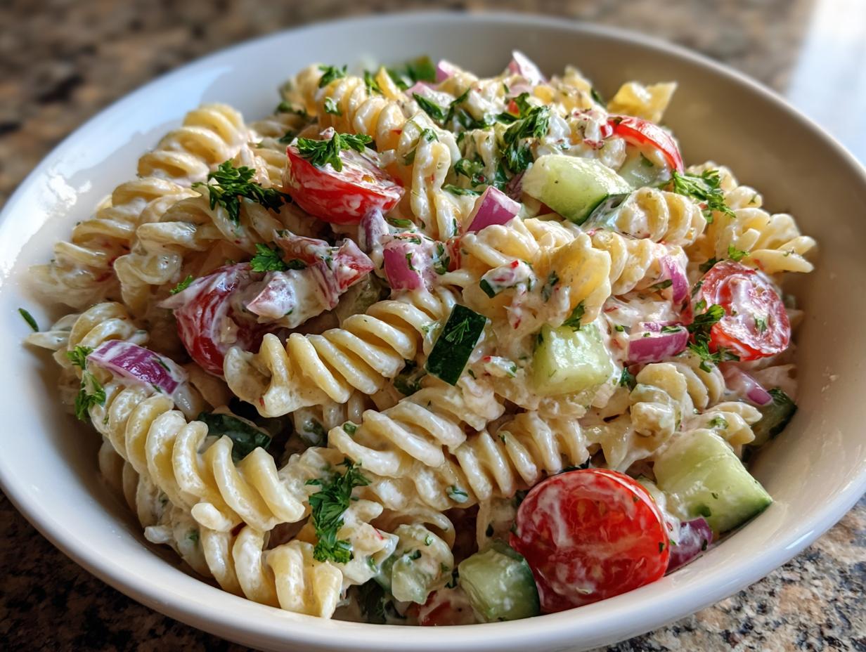 Creamy Pasta Salad with Cucumber and Tomatoes