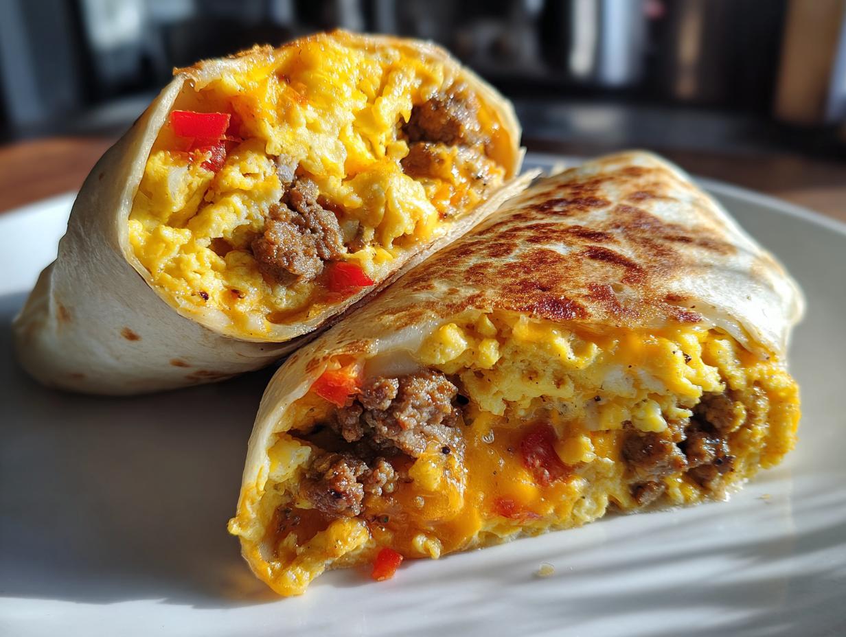 Breakfast Burrito with Scrambled Eggs and Beef Sausage