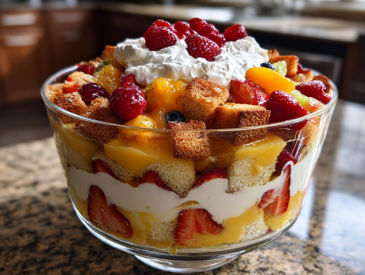 Fruit Trifle with Custard and Cream