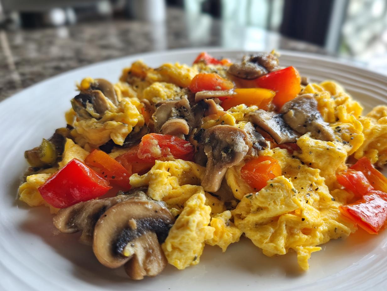 Scrambled Eggs with Mushrooms and Peppers