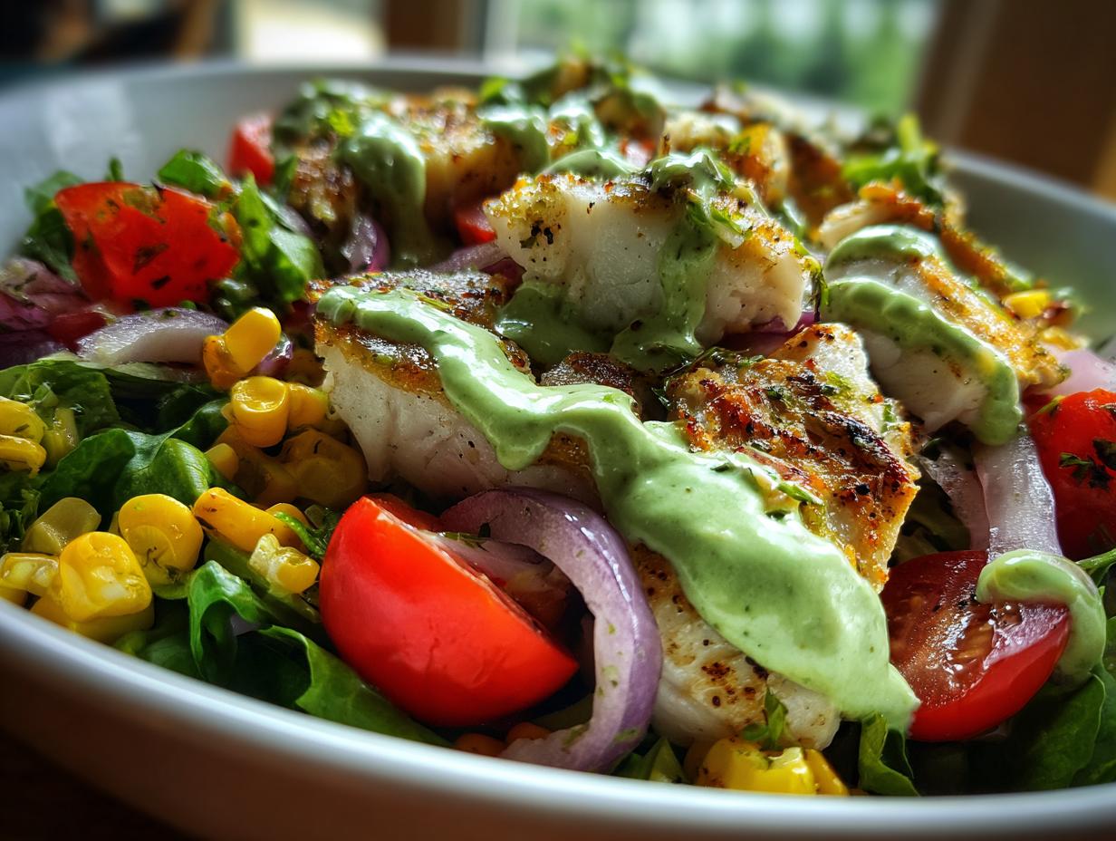 Fish Taco Salad with Avocado Dressing