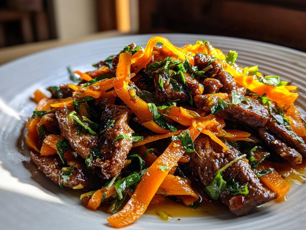 Spicy Tangerine Beef with Carrot Ribbons
