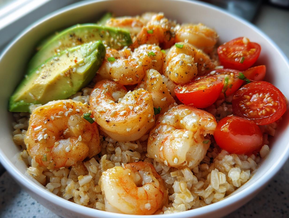 Brown rice shrimp bowl with tomatoes & avocado