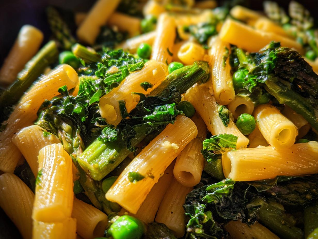 Pasta Primavera with Peas, Asparagus and Kale