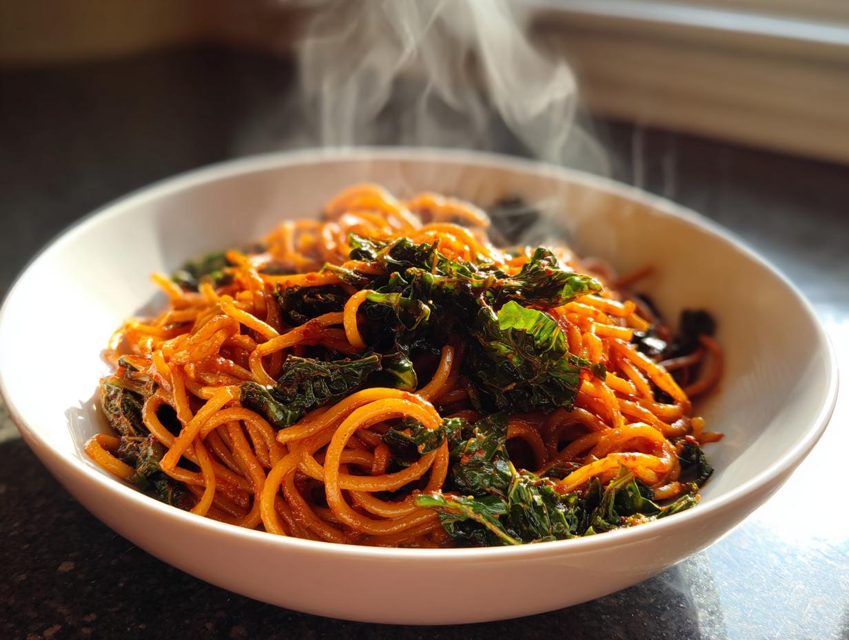 Red Pesto Pasta with Chili Kale