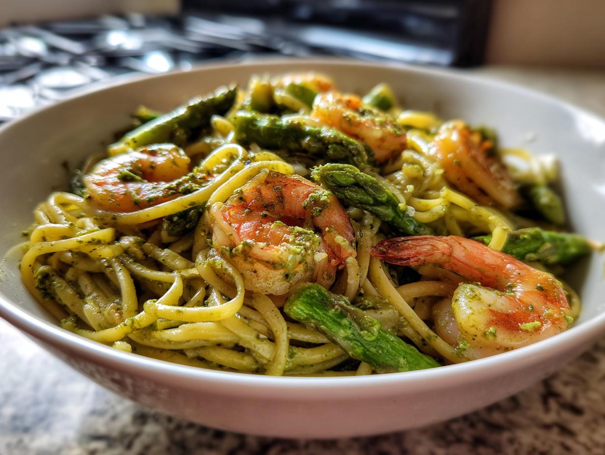 Shrimp Pesto Pasta with Asparagus